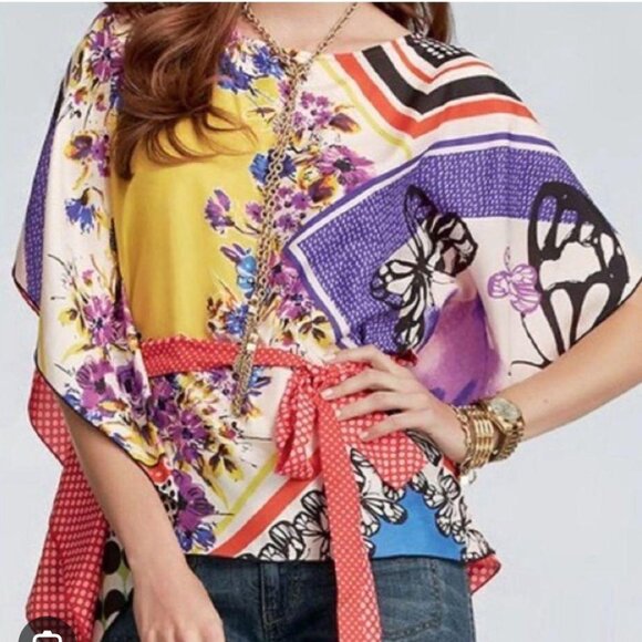 CAbi Tops - CAbi 100% Silk Scarf Top w/ Belt Kimono Style Polka Dot Floral Artsy Size Small